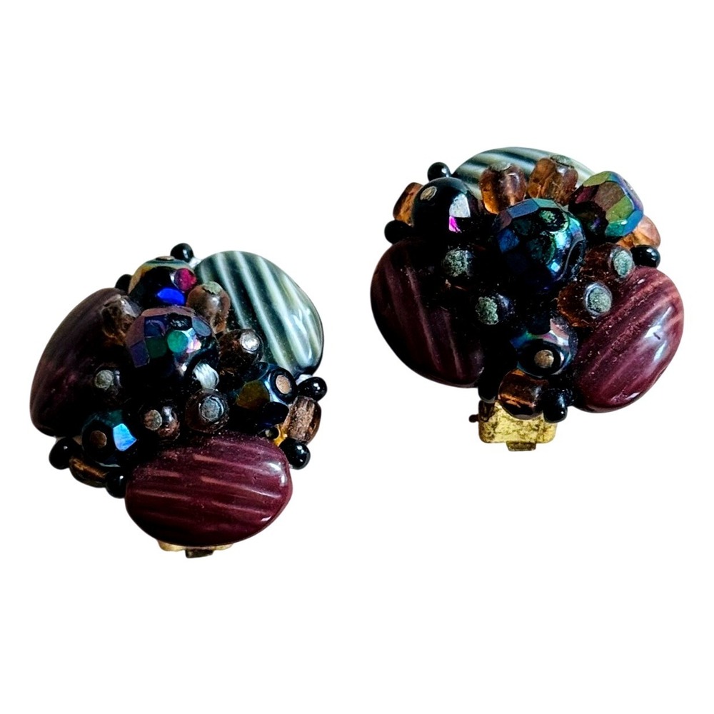 VTG Retro Earrings Aurora Borealis Crystal Glass Beads Cluster Clip W. Germany